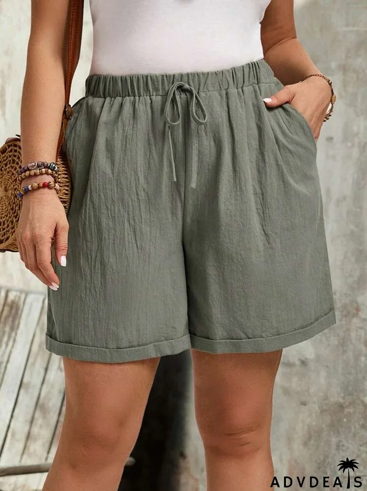 Plus Size Women's Green Drawstring Casual Loose Shorts For Summer