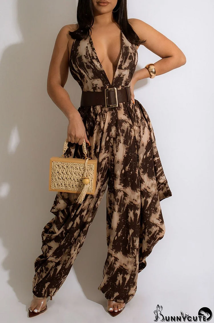 Coffee Sexy Print Split Joint Backless Halter Loose Jumpsuits(Without Belt)