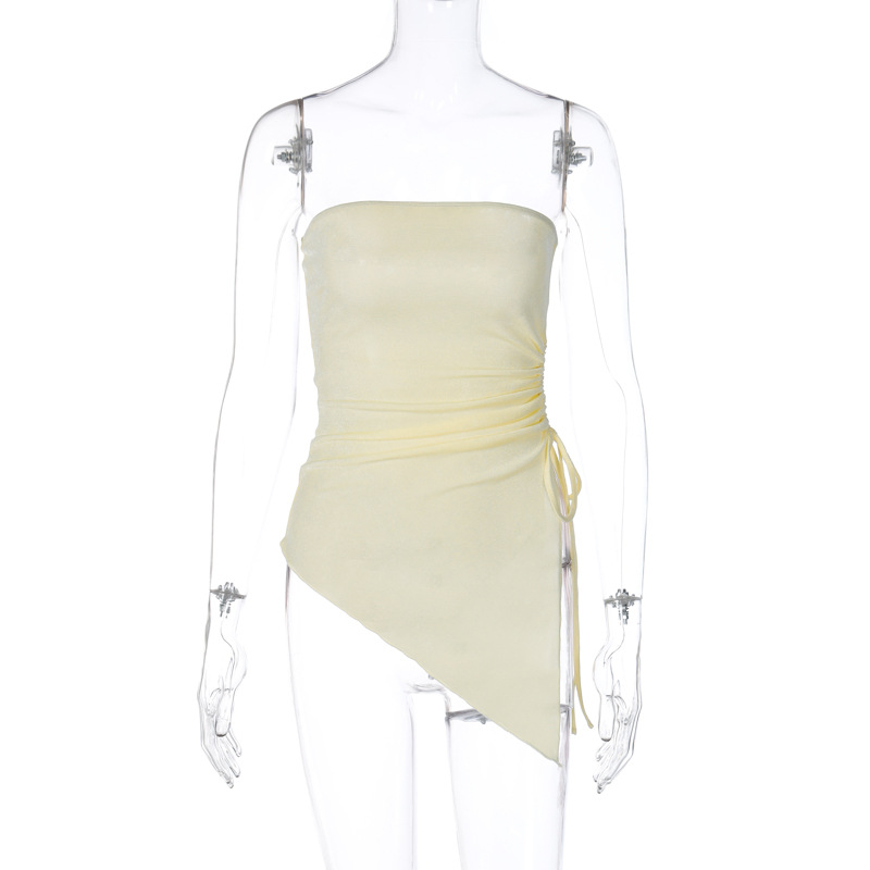 Ootddress Pleated Bandage Tube Tops See-Through Fashion For Women Bandeau Lace-Up Sheer Tank Top Backless Casual Solid Y2k Top Vest