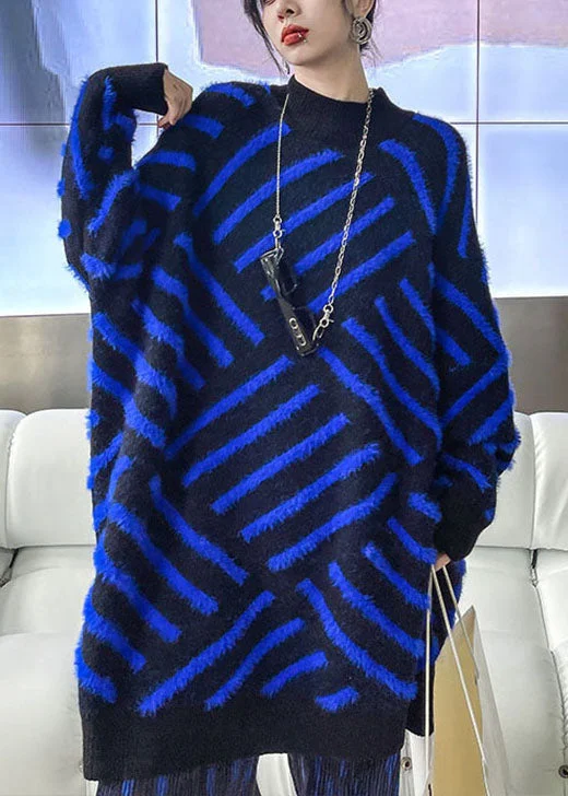 Blue Striped Mink velvet Casual Fall Knit sweaters