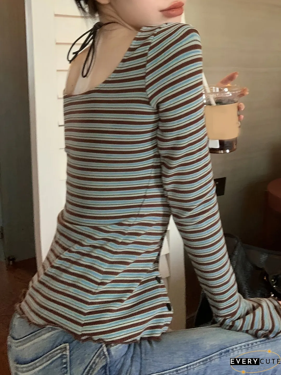 Striped Print Button Front T-Shirt Casual Cross Tie Neck Long Sleeve For Spring Fall