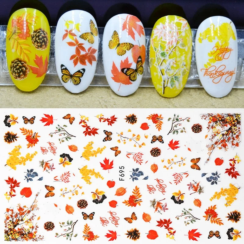 1pcs Black Gold Sping Leaves 3D Nail Sticker Coconut Tree Leaf Pattern Adhesive Transfer Decals Shiny DIY Nail Decoration