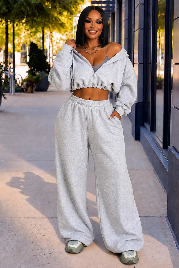 Cropped Zip‑Up Hoodie Elastic Waist Wide Leg Sweatpants Sporty