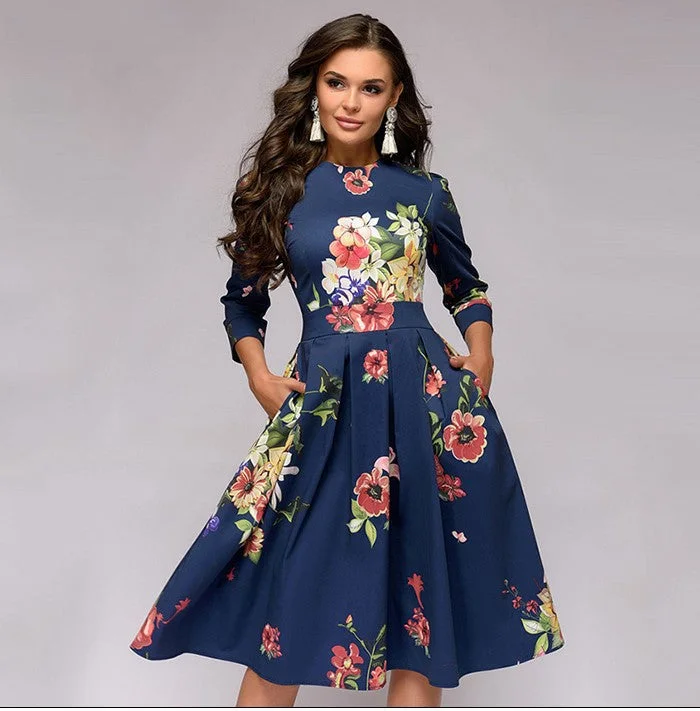 Uveng Party Vintage Small Floral Urban Style 3/4 Sleeve Round Neck Dress