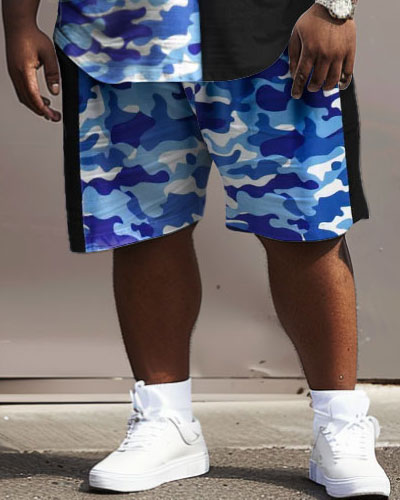 Street Casual Camouflage Colorblock Bear Print Large Men's Set Shorts-Blue-XL