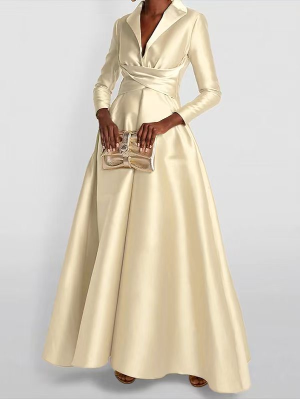 A-Line High Waisted Pleated Solid Color V-Neck Maxi Dresses YELLOW-S