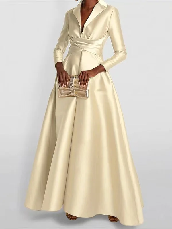 A-Line High Waisted Pleated Solid Color V-Neck Maxi Dresses