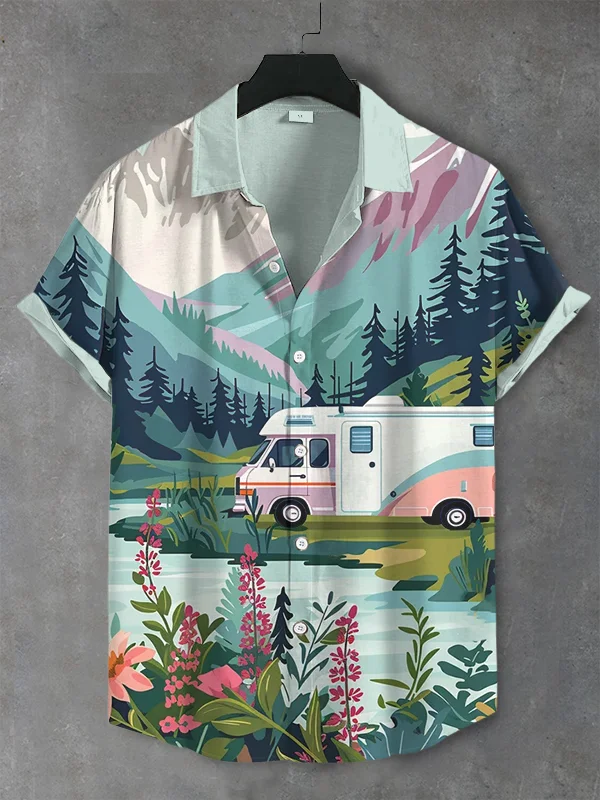Men's Spring Camping Landscape Print Shirt