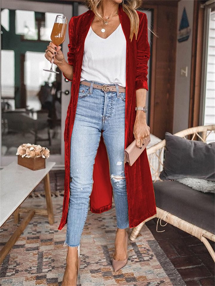Women's Velvet Long Coat Blazer Casual Long Pocket Coat Green Black Yellow Fuchsia Sky Blue Casual Street Spring Open Front V Neck Regular Fit S M L XL-Hoverseek