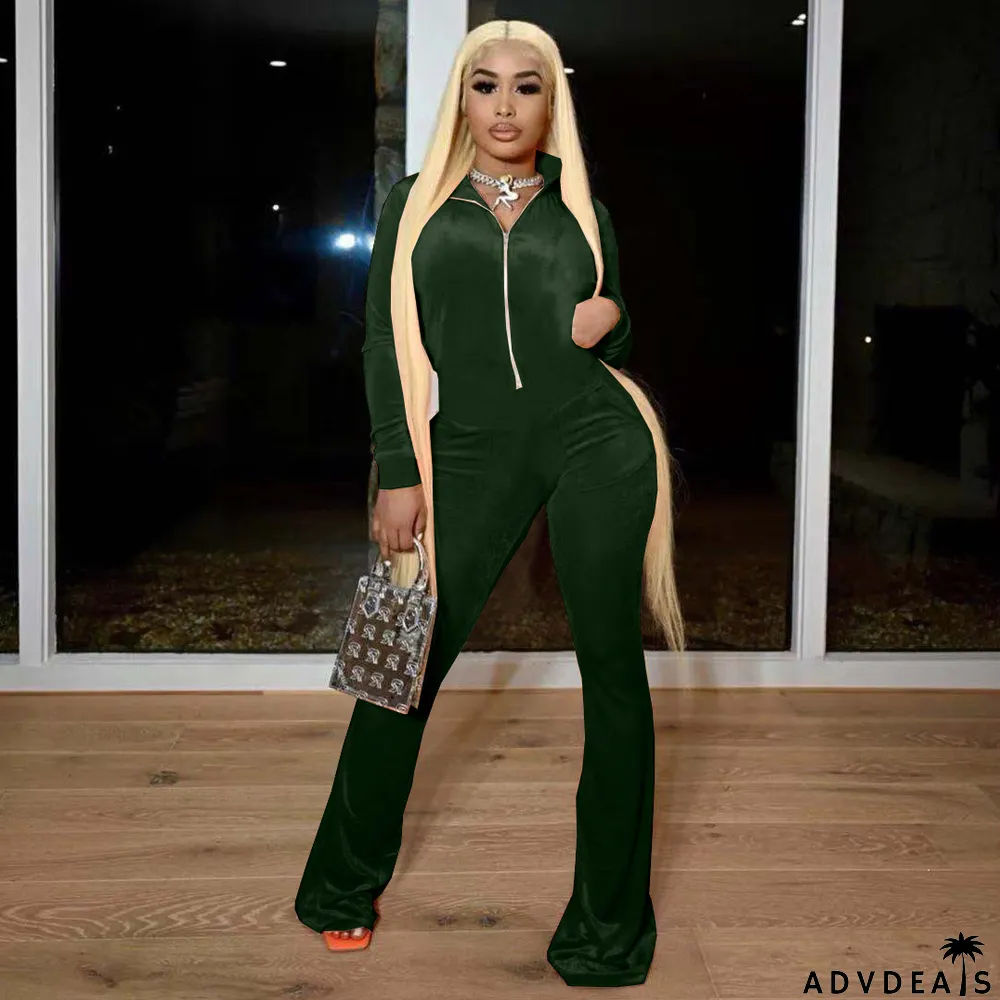 Solid Velvet Long Sleeve Zipper Flared Jumpsuit