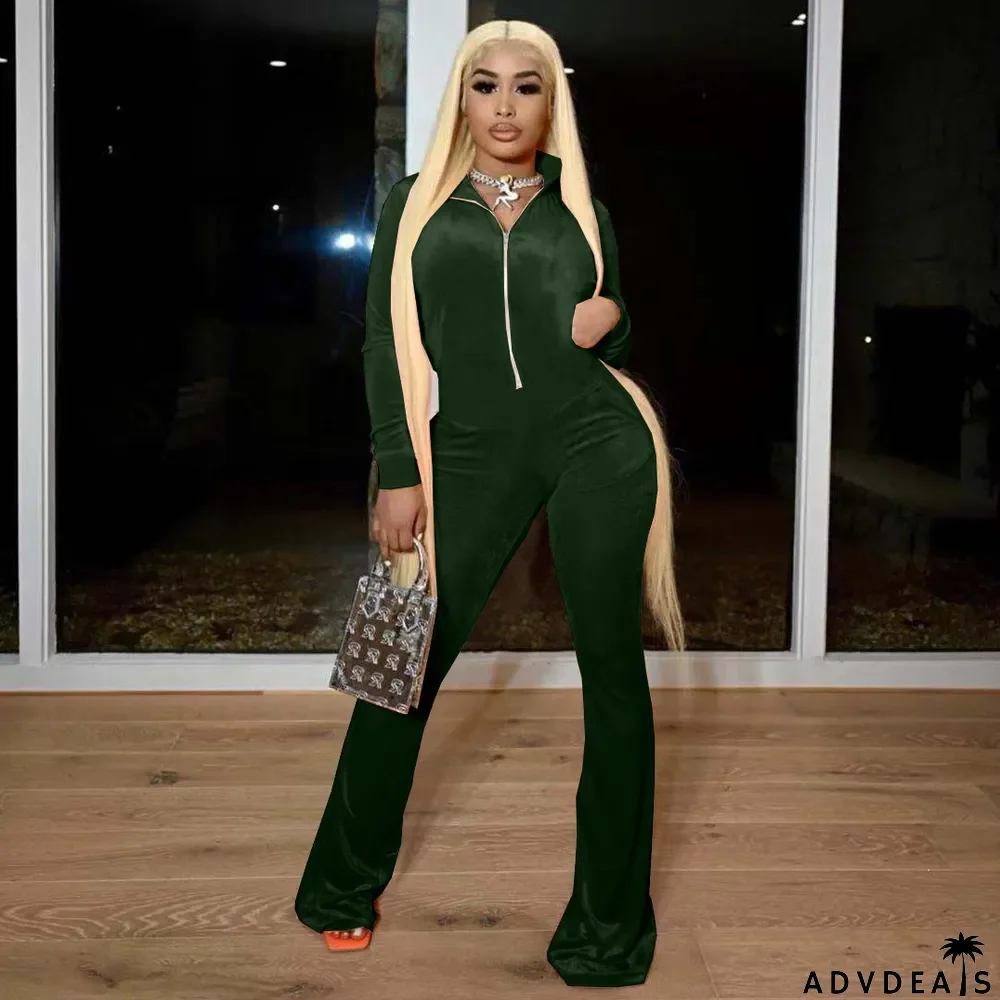 Solid Velvet Long Sleeve Zipper Flared Jumpsuit