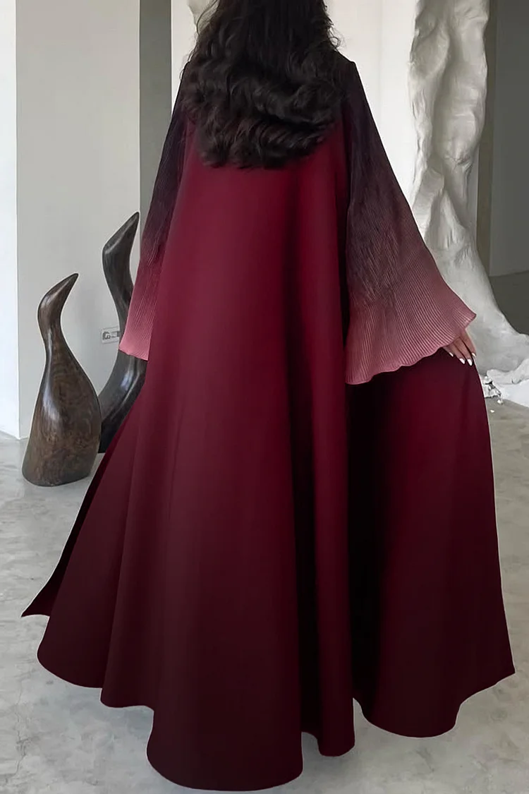 Gradient Color Pleated Bell Sleeve Open Front Abaya Long Cardigan