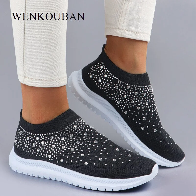 Summer Sneakers Women Sock Shoes Crystal White Sneakers Casual Slip On Flats Ladies Trainers Walking Shoes Basket Femme 2021
