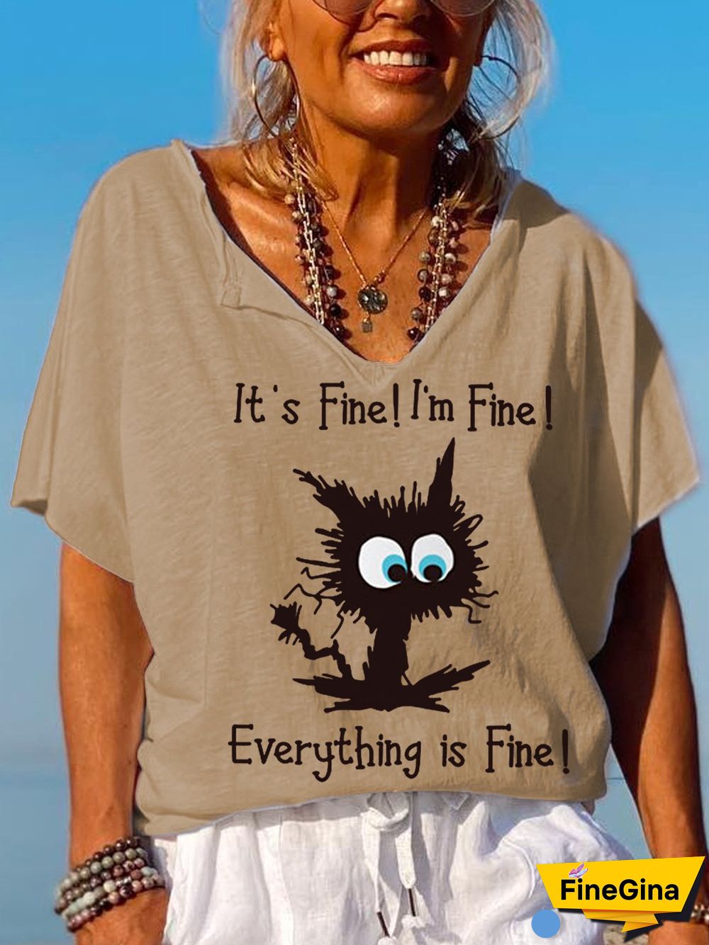 Women's It's Fine I'm Fine Everything Is Fine Funny Cat V-Neck Tee