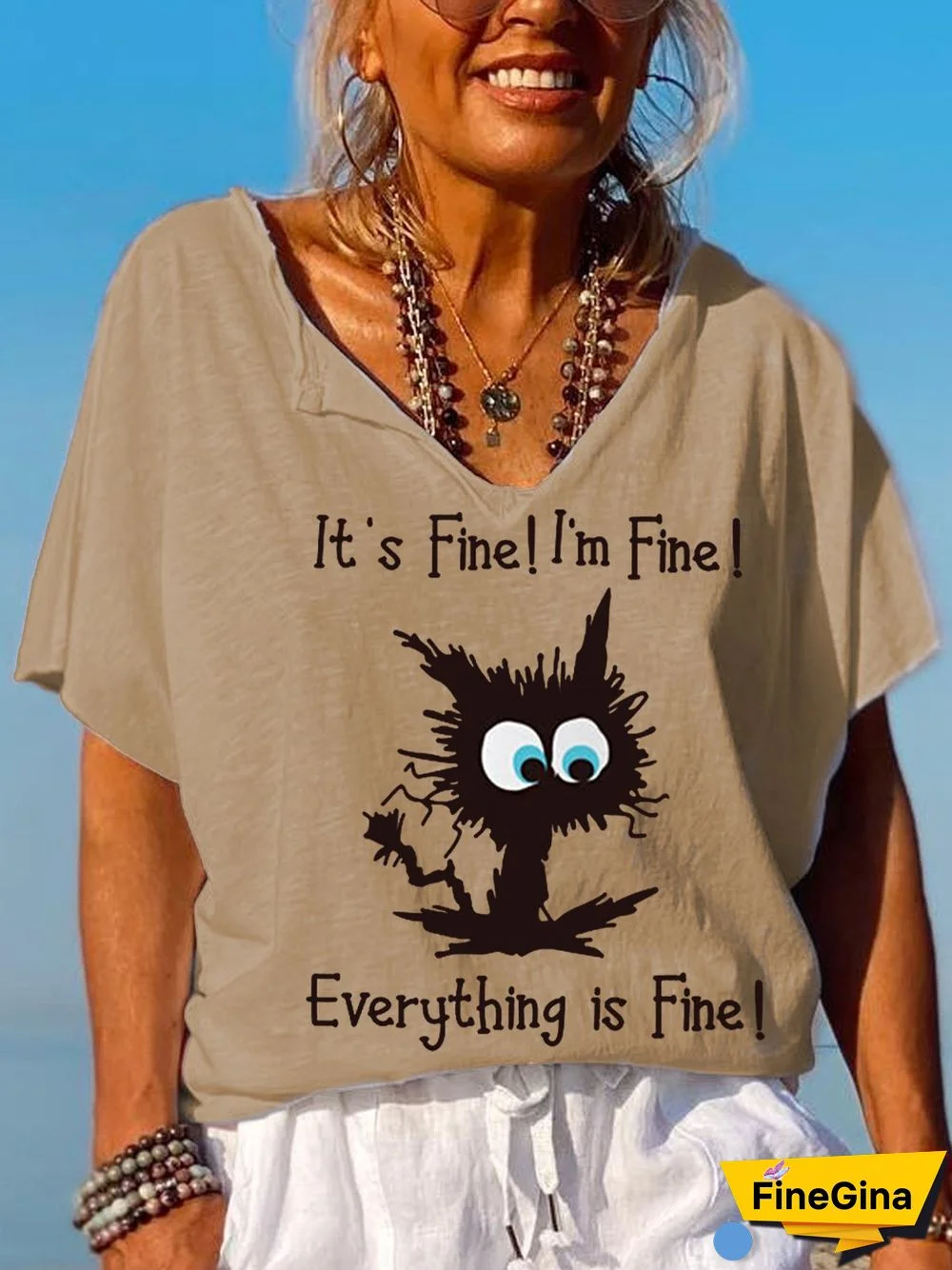 Women's It's Fine I'm Fine Everything Is Fine Funny Cat V-Neck Tee