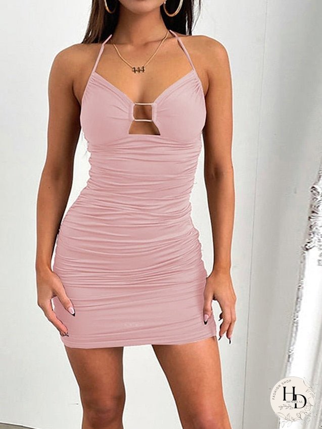 Bodycon Sheath Dress Sexy Dress Mini Dress Black White Pink Sleeveless Pure Color Ruched Summer Spring Halter Party Slim S M L XL 2XL 3XL / Slip Dress for Women