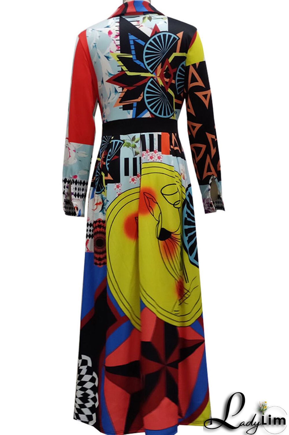 Colour Casual Print Patchwork Buckle Turndown Collar Dresses
