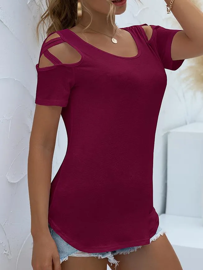 Solid Round Neck Short Sleeve Off-shoulder T-shirt