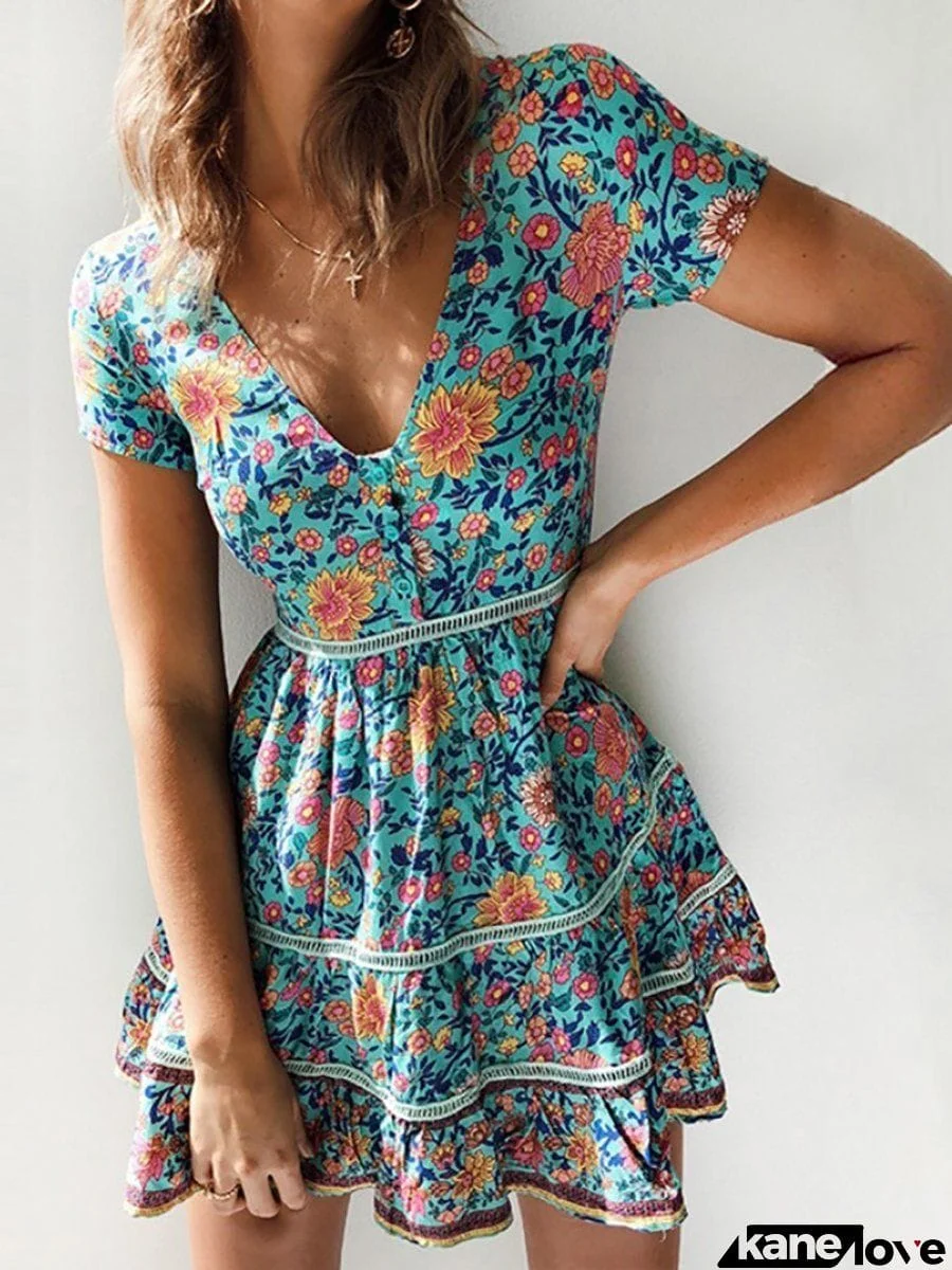 Deep V-Neck Flounce Patchwork Bohemian Skater Dresses