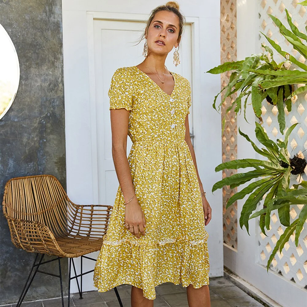 Long Dress Yellow Casual Ladies Floral Print Ruffle Buttons Holiday Dresses Fashion Summer Clothes For Women New Arrival 2021