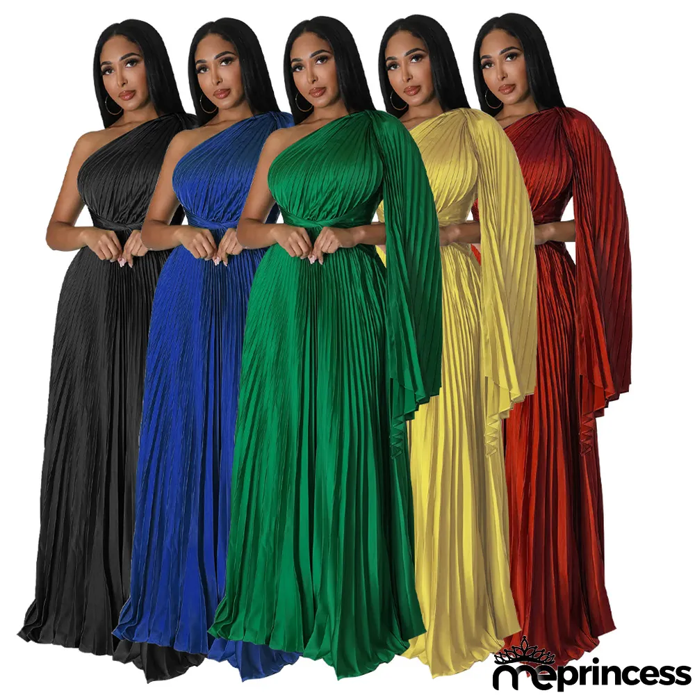 Fashion Women's One Shoulder Pleated Slash Shoulder Slim Waist Dress