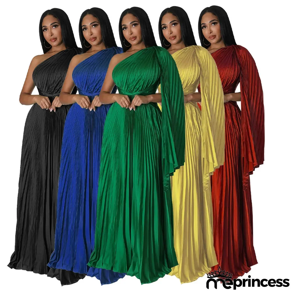 Fashion Women's One Shoulder Pleated Slash Shoulder Slim Waist Dress