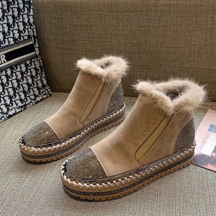 Hairy shoes women's outer wear winter 2021 new thick-soled rhinestone high-top lazy fashion boots women velvet woman boots Wool