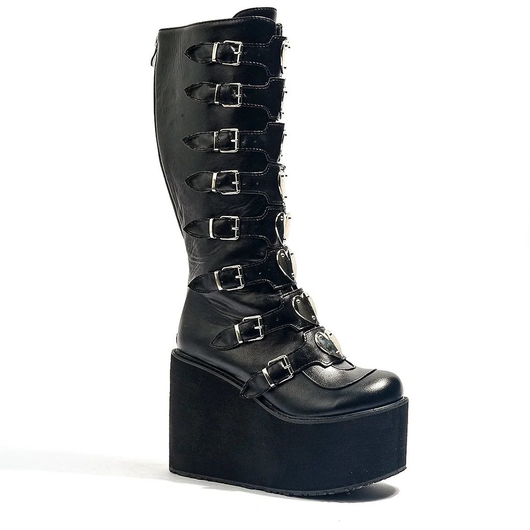 Leather Women Mid-Calf Boots Gothic Style Cool Punk Motorcycles Females Boot Platform Wedges High Heels Calf Boots Women's Shoes 1110