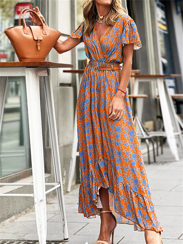 Women's Summer New Fresh Sweet Fashion Elegant V-neck Short-sleeved Irregular Hem Print Ruffle Skirt Dress-Mixcun