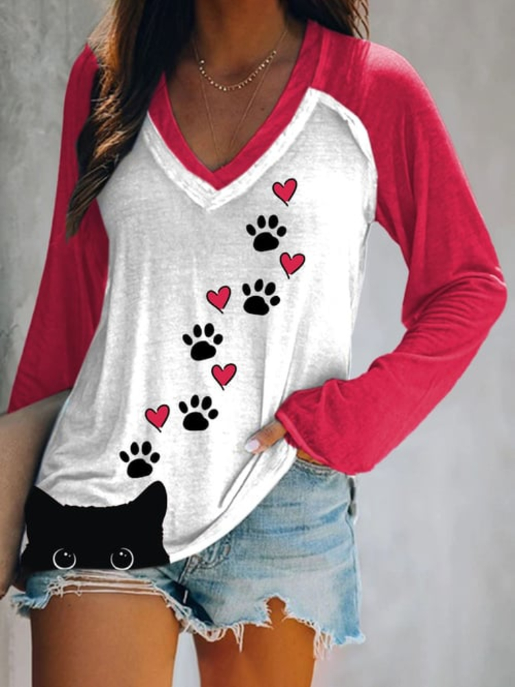 Cat Paw Heart Colorblock V Neck Long Sleeve T Shirt wearshes