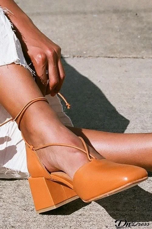 Square Toe Lace Up Thick Heel Pumps