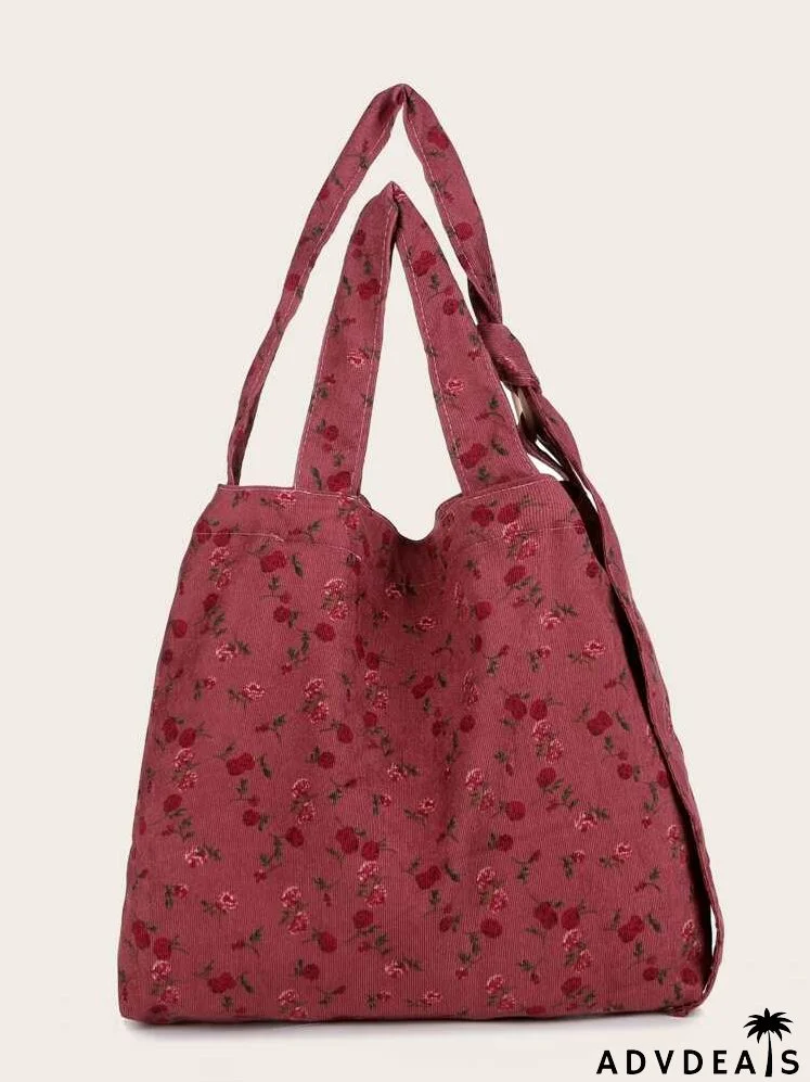Allover Floral Corduroy Shoulder Tote Bag