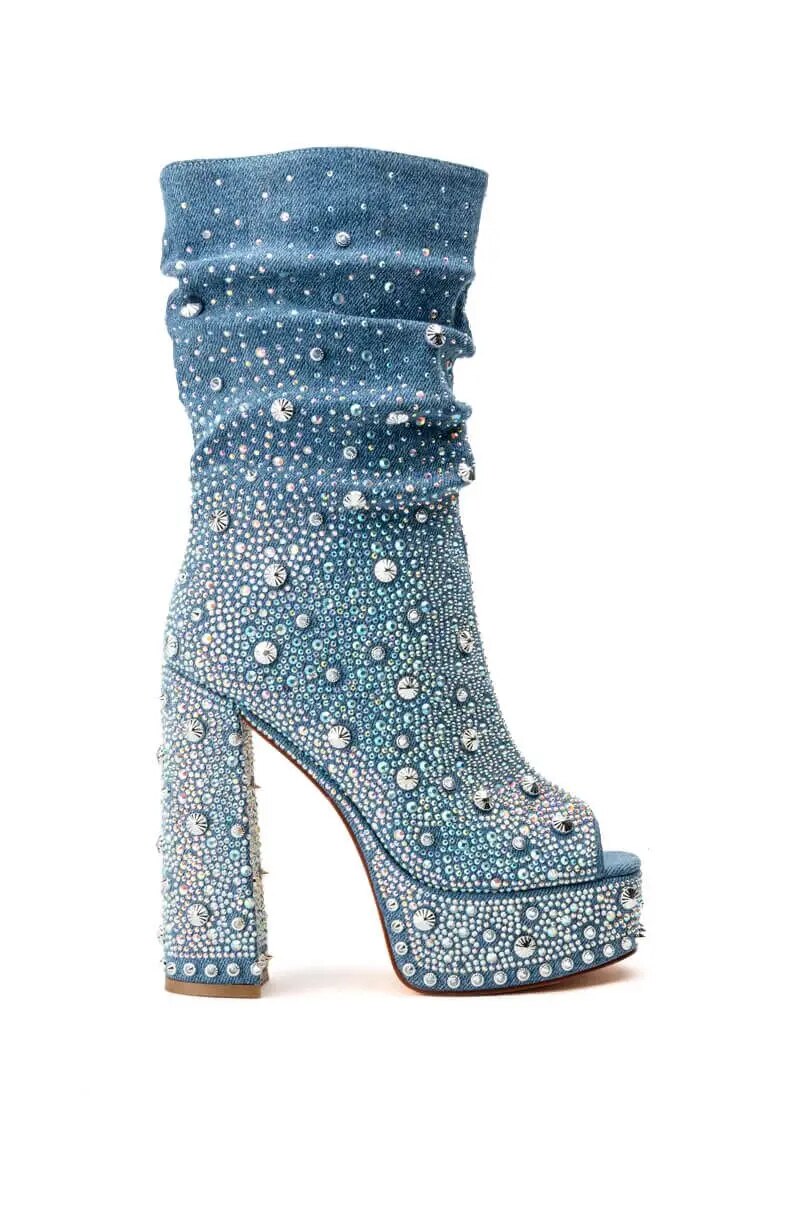 VCSHOES Crystal Knee High Boots Blue Cowboy Women Peep Toe Platform Boots High Heel Sleeve Boots Shiny Catwalk Boots Big Siz