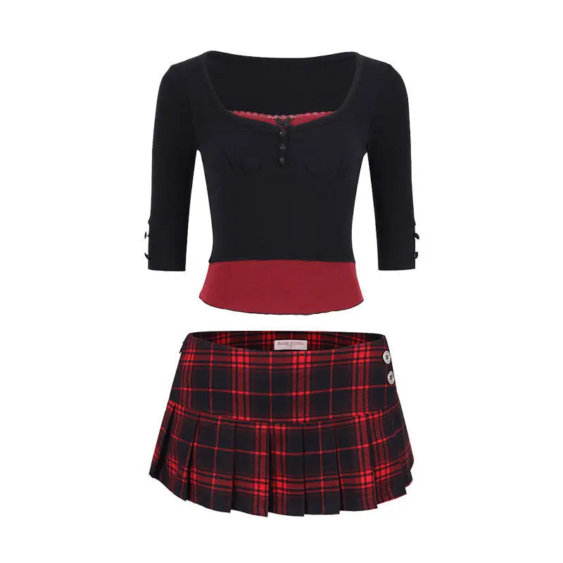 Aiertu Academy style color matching women's set short spicy two piece sets 2024 womens outifits low waisted plaid skirt sets Aiertu