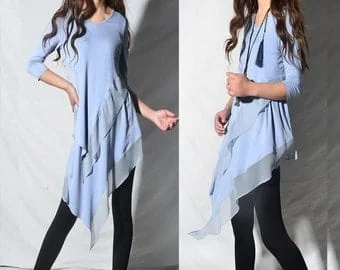 Pornhint Chiffon and modal cotton tunic dress/ cotton tunic top/asymmetrical t-shirt/patchwork tunic dress/v-neck long top/black tunic dress Q04