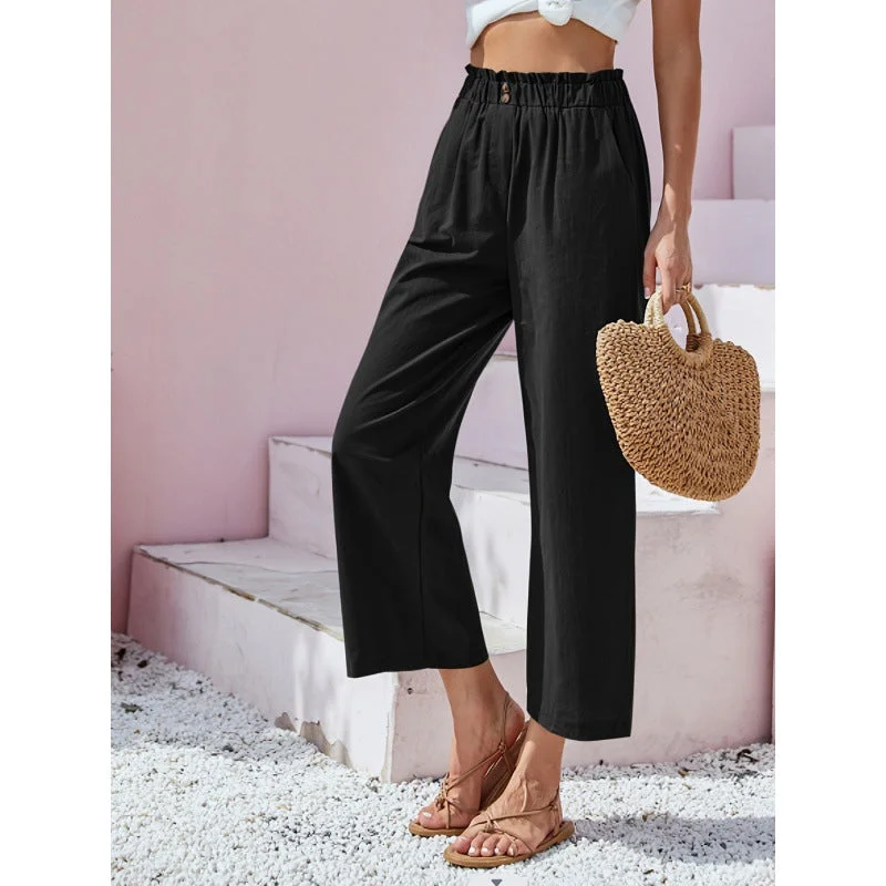 Zingj High Waist Lotus Leaf Elastic Cotton Pants