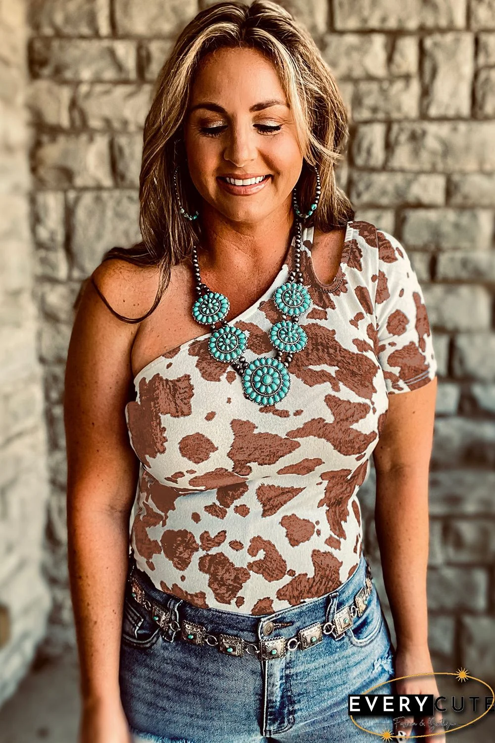 Brown One Shoulder Cow Print Cut out Short Sleeve Top