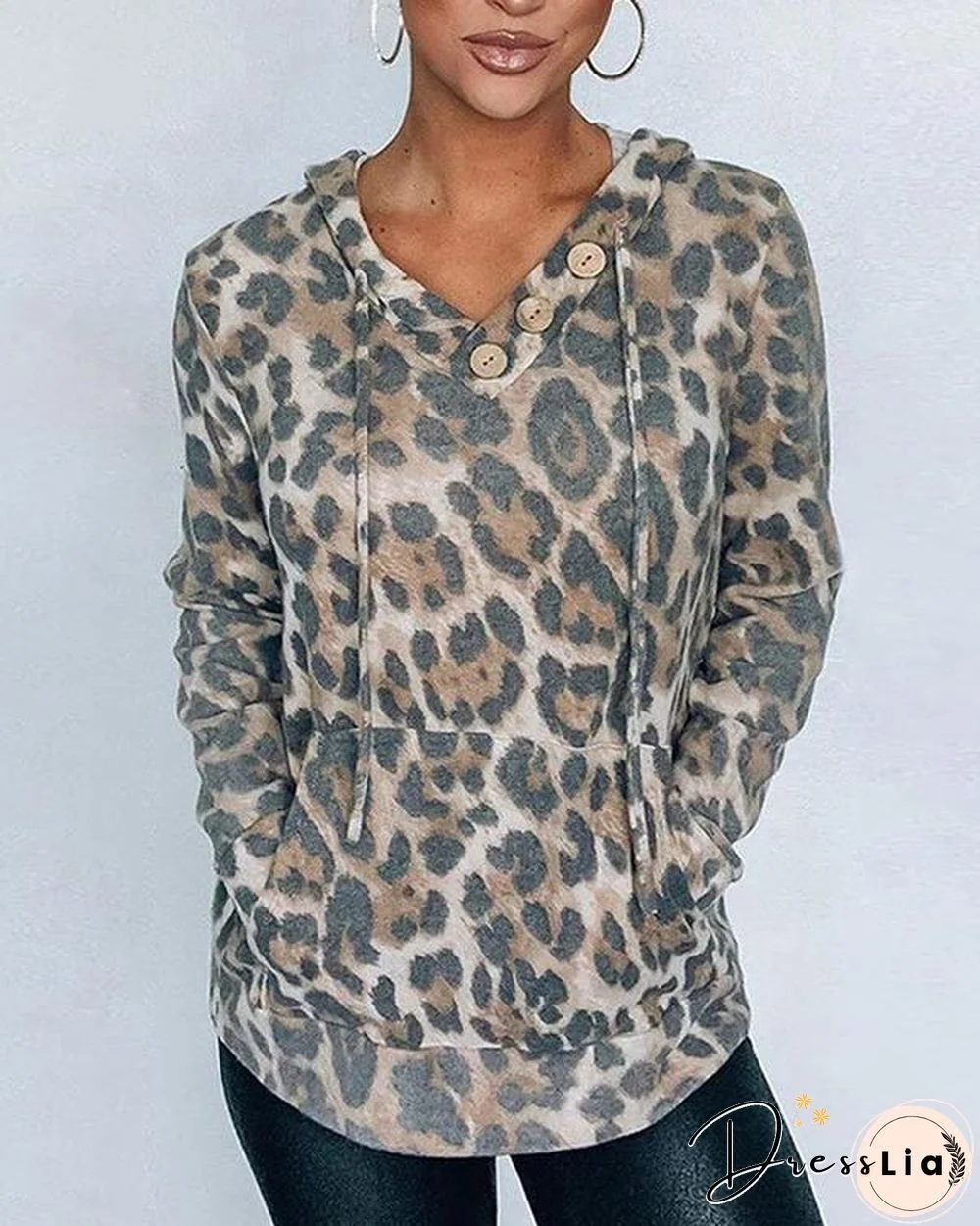 Casual V Neck Button Drawstring Camo/Leopard/Snake Hoodie Sweatshirt