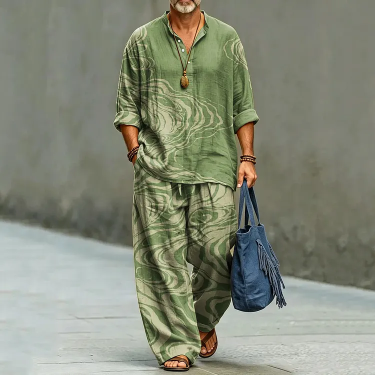 Men's Abstract Striped Art Print Shirt And Pants Two Piece Set