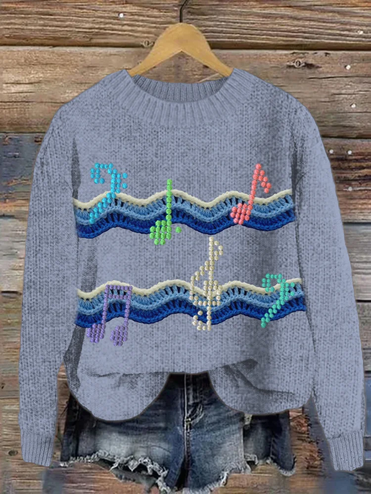 VChics Knitted Music Patterns Crew Neck Sweater