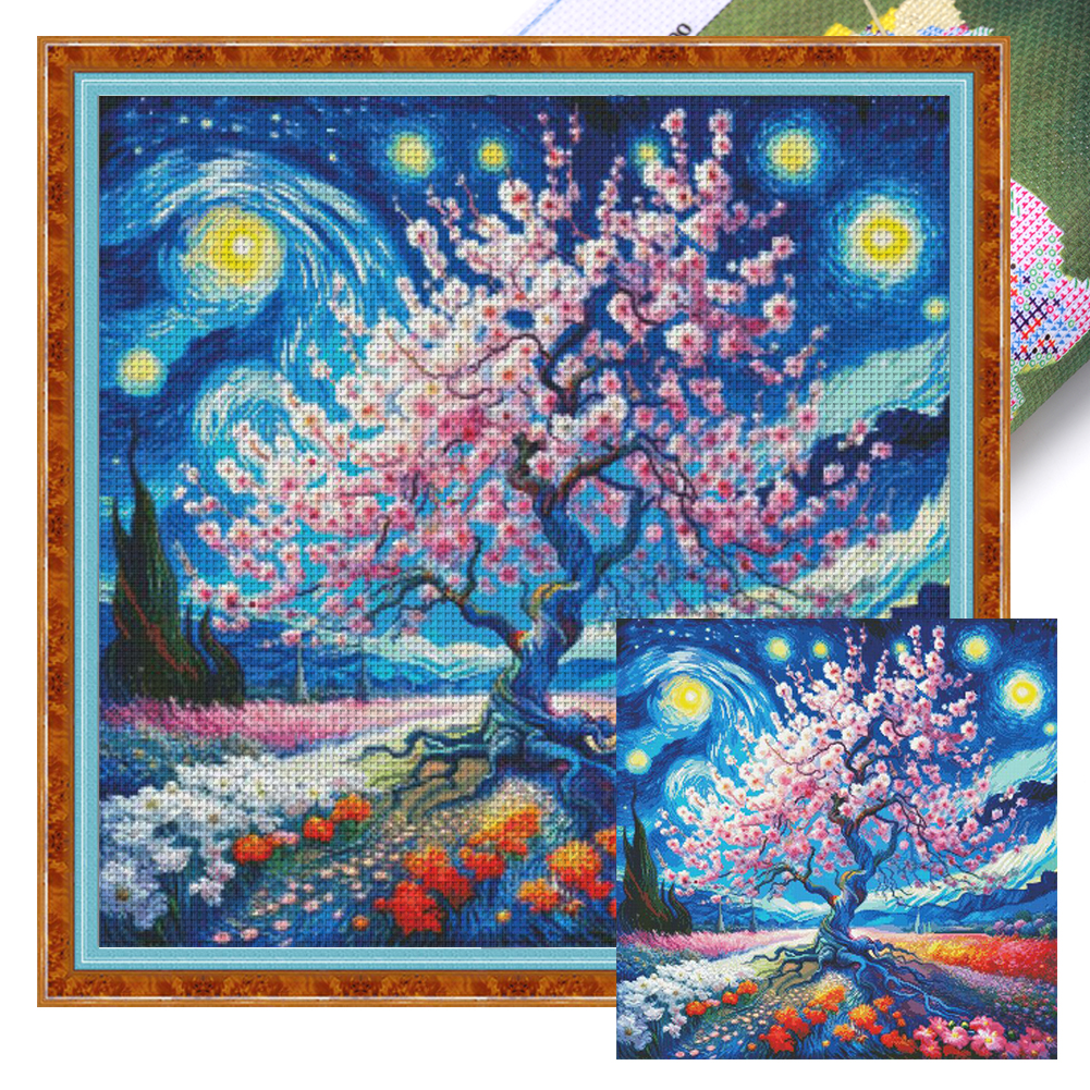 【Fairy Brand】Cherry Blossom Trees Under The Starry Sky Full 14CT Pre-stamped Canvas(65*65cm) 109 Colors Egyptian Cotton Cross Stitch