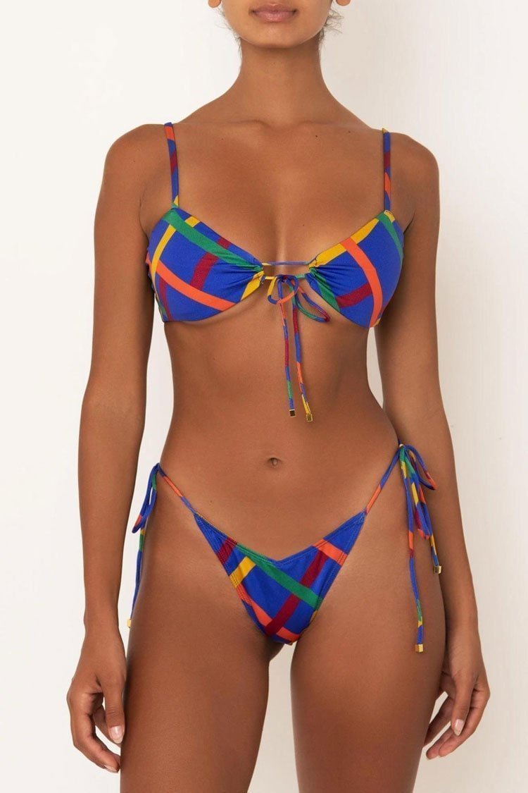 Geometric Cinch Tie Side Cheeky Bikini Swimsuit - Two Piece Set-elleschic