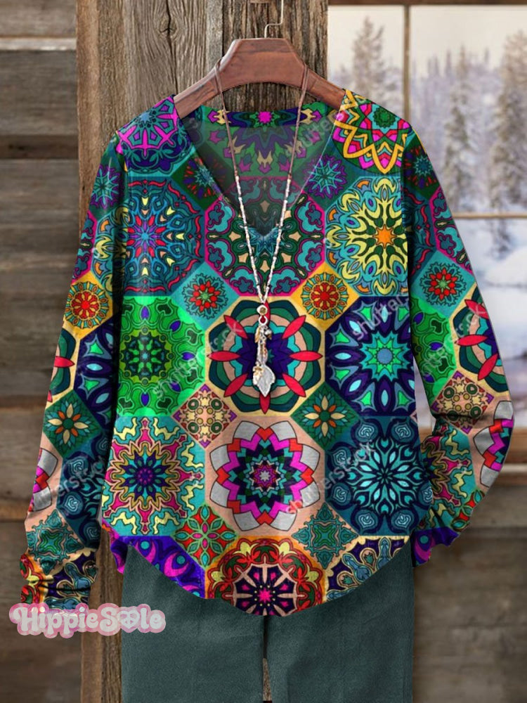 Women’s Abstrct Floral Art Print Casual V-Neck Long Sleeve T-Shirt Multicolor / S