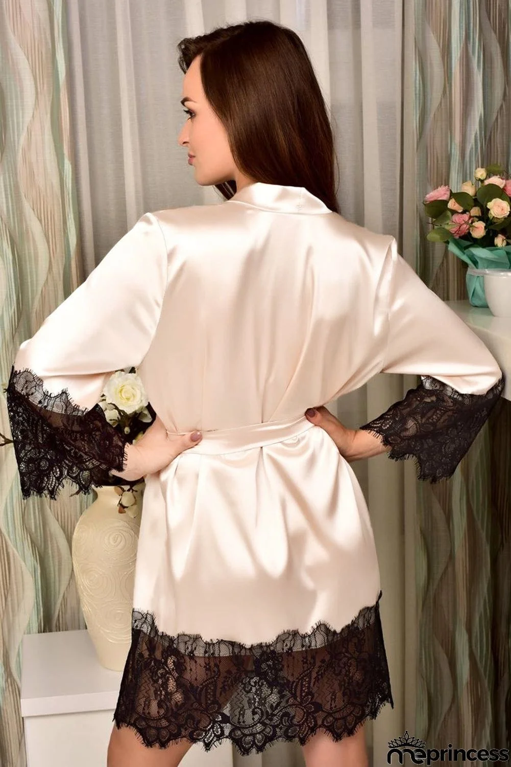 Satin Kimono Robe with Lace Trims