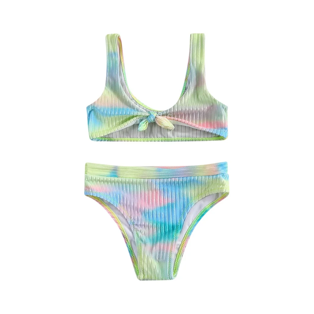 Kids Girls Bikini Colorful Swimsuit Sleeveless Tie-dye Print Crops Top and Bottoms Set Fashion 2-piece Swimming Suit 6-13Y