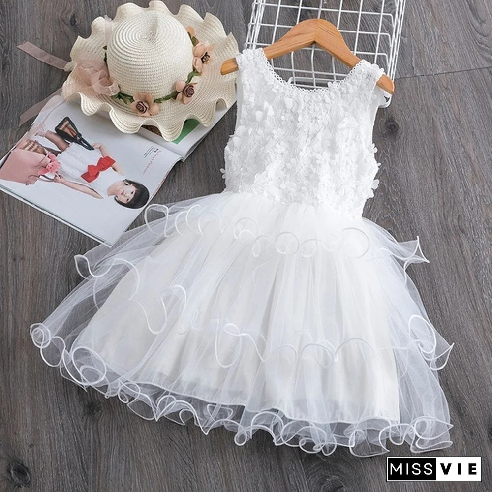 Girl's Fashion Backless Dress Appliques Flower Clothes Layered Mesh Princess Dress for Summer Beach Casual Wear 2 Styles