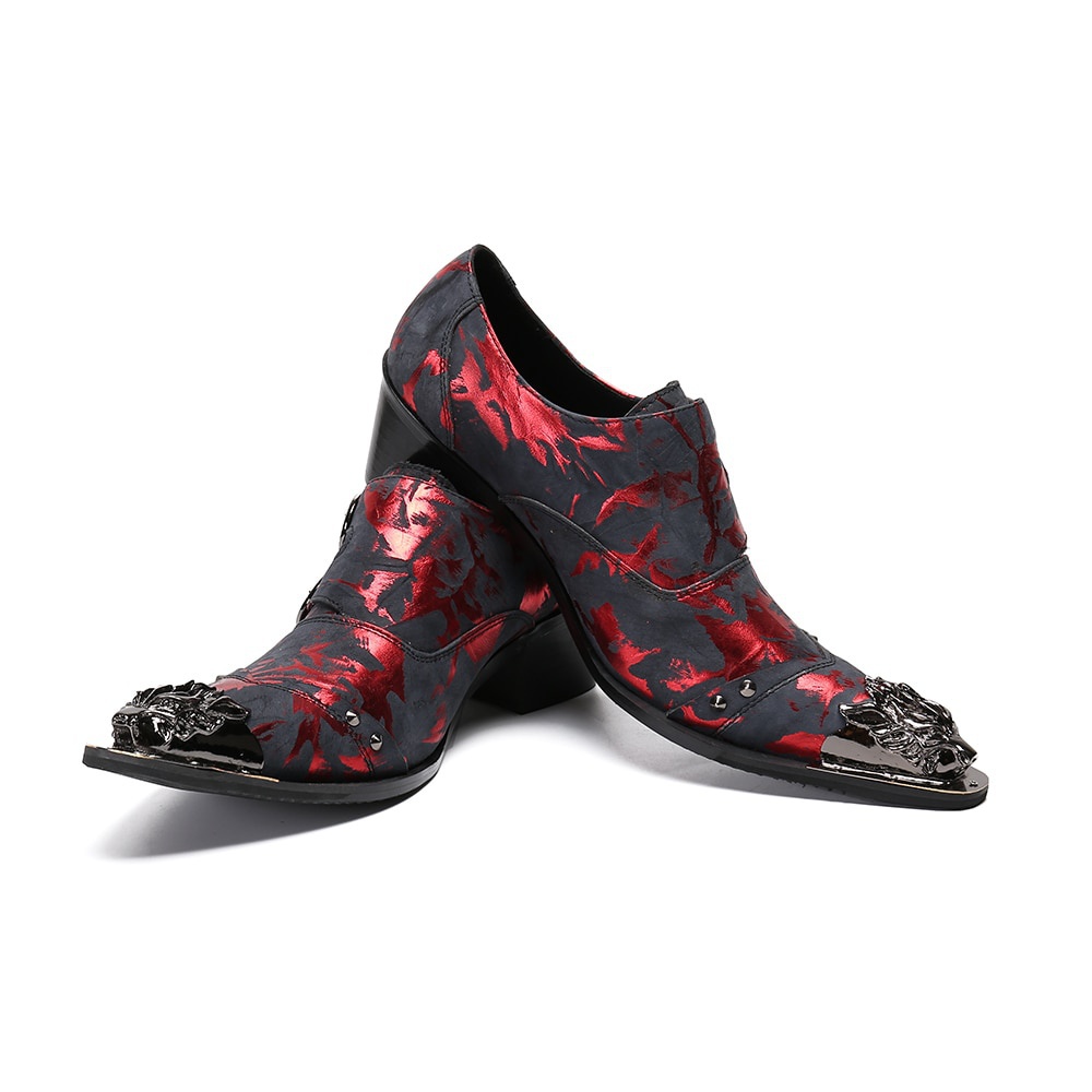 Big Size 47 Shoes High Heel Men Leather Shoes Metal Pointed Toe Dress Shoes Prom Man Buckle Strap Oxfords Shoes Red