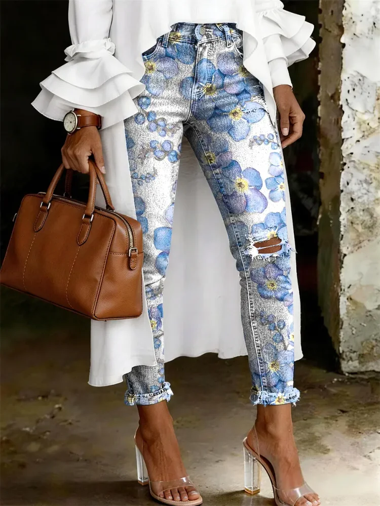 Women's Fashion Casual Multicolor Flowers Art Print Ripped Skinny Jeans