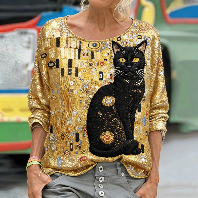 Comstylish Black Cat Glitter Art Unique Style T Shirt