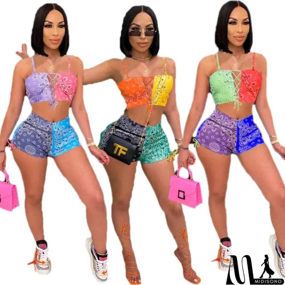 MidiSono - Women Summer Printed Sexy Sleeveless Crop Top Hollow Out Two Piece Shorts Set